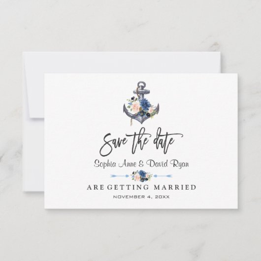 航海のピンクの赤らみ 青い 花のアンカー 結婚式 セーブザデート (正面)