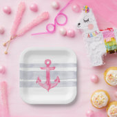 航海のピンク灰色の水彩いかりストライプ ペーパープレート (パーティー)