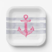 航海のピンク灰色の水彩いかりストライプ ペーパープレート (正面)