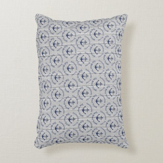 航海のファミリーボートネームネイビーいかりグレイ木材 アクセントクッション (正面(垂直))