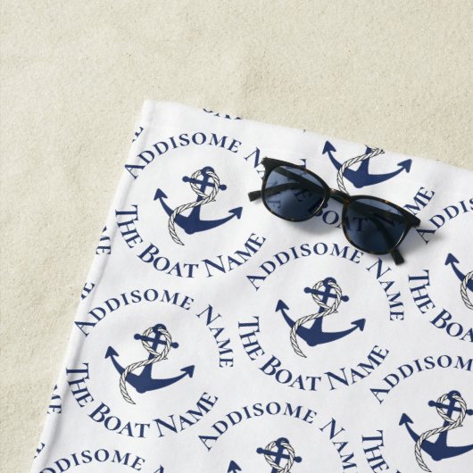 航海のファミリーボートネームネイビーいかりグレイ木材 ビーチタオル (インサイチュ)