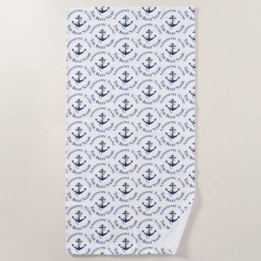 航海のファミリーボートネームネイビーいかりグレイ木材 ビーチタオル (正面)