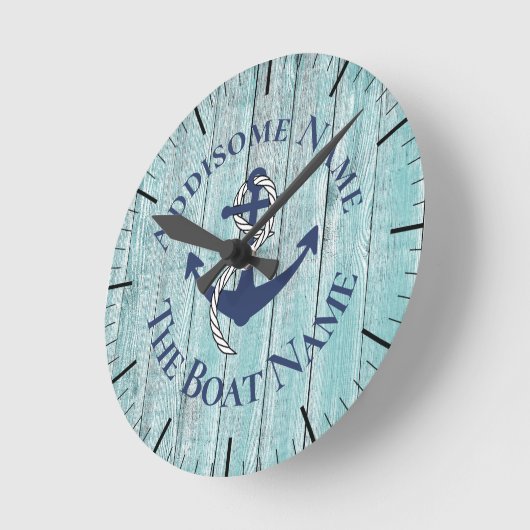航海のファミリーボートネームネイビーいかりグレイ木材 ラウンド壁時計 (傾斜)