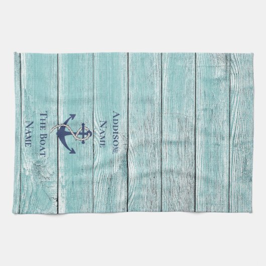 航海のファミリーボートネームネイビーいかり キッチンタオル (横)