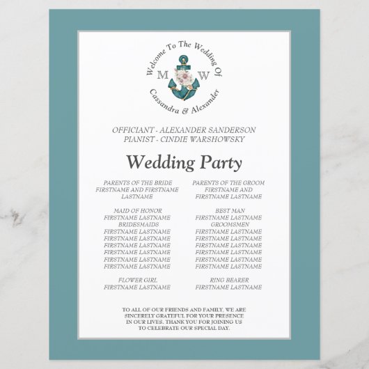 航海のフローラいかりティール（緑がかった色）ブルー結婚式 プログラム (裏面)