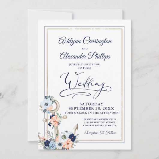 航海のフローラエレガントいかりネイビーピーチ結婚ーズ 招待状 (正面)