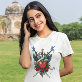 航海のフローラ赤いハート青 Tシャツ