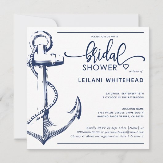 航海のブライダルシャワーネイビーいかりホワイト 招待状 (正面)