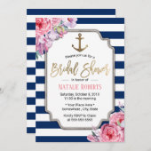 航海のブライダルシャワーピンクフローラネイビーストライプズ 招待状 (正面/裏面)