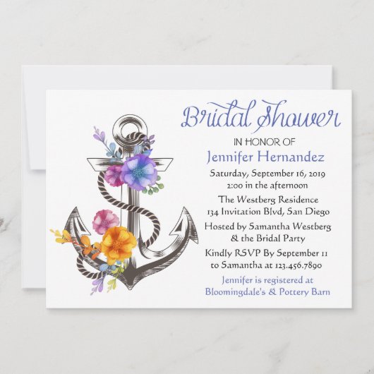 航海のブライダルシャワーブルーいかりフローラ 招待状 (正面)