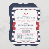 航海のブライダルシャワー、赤、白、ネイビーブルー 招待状 (正面/裏面)