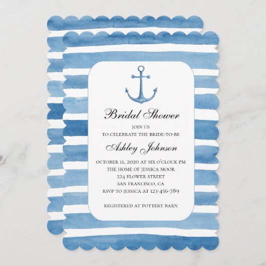 航海のブライダルシャワー。青いいかり招待 招待状 (正面/裏面)