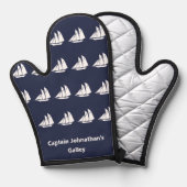 航海のミッドナイトブルーと白の帆船名 鍋つかみ (正面/裏面)