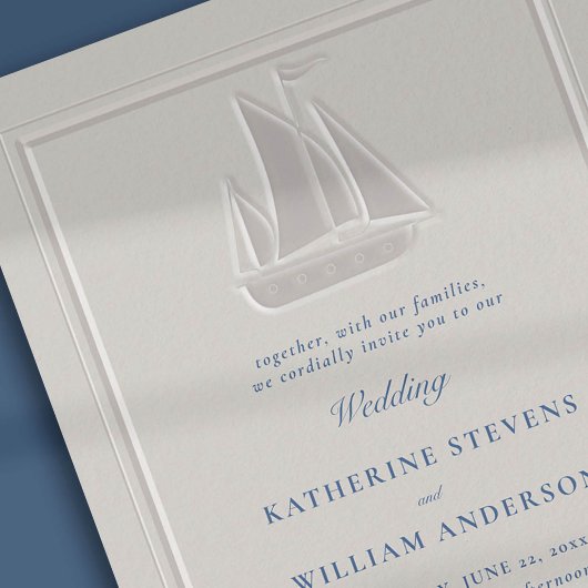 航海のモダンフェイククラシック結婚エンボス 招待状