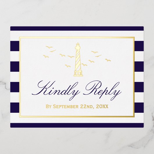 航海のライトハウスウェディングRSVP実在 箔招待状ポストカード (正面)