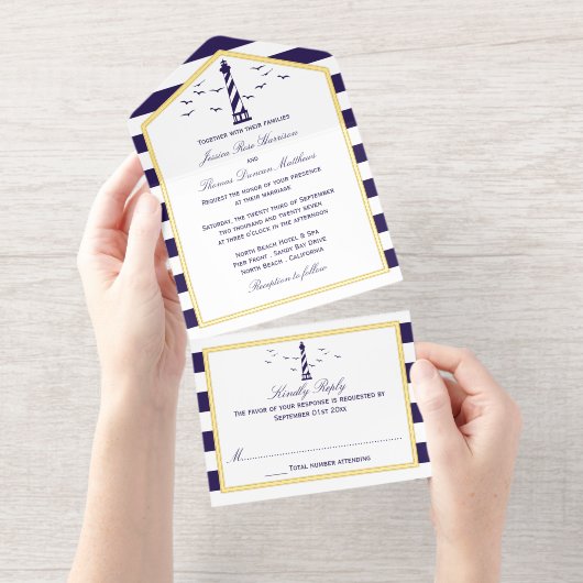 航海のライトハウスストライプネイビ実在ー結婚のホイル オールインワン招待状 (切り取り部)