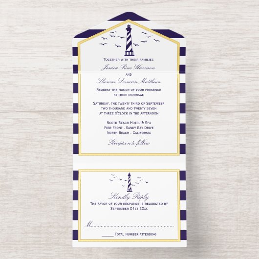 航海のライトハウスストライプネイビ実在ー結婚のホイル オールインワン招待状 (内側)