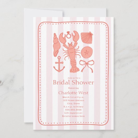 航海のロブスターシェルピンクボウブライダルシャワー 招待状 (正面)
