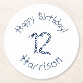 航海のロープノット青い白い誕生日カスタム日 ラウンドペーパーコースター