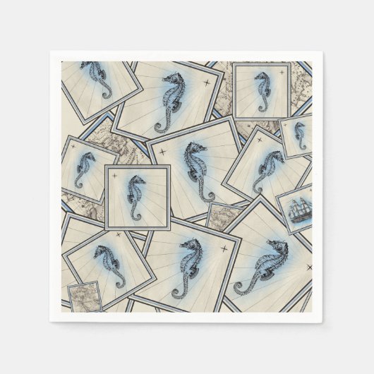 航海のヴィンテージシーホース地図コラージュ スタンダードカクテルナプキン (正面)