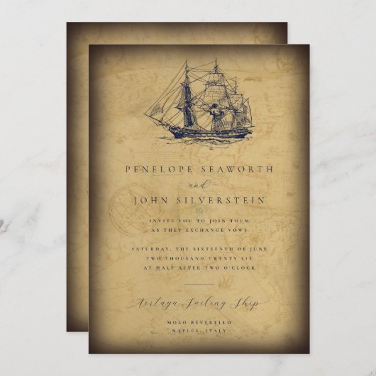 航海のヴィンテージマップ出荷イラストレーション結婚 招待状 (正面/裏面)
