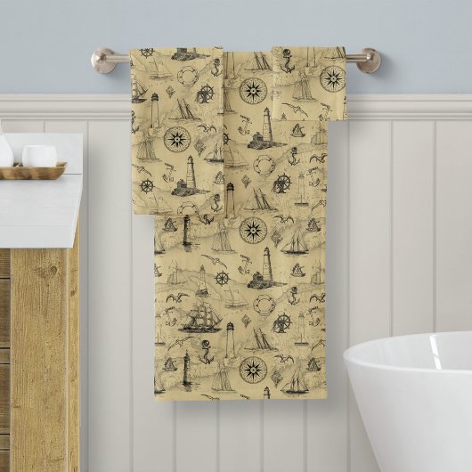 航海のヴィンテージ旧地図パターン沿岸デコール バスタオルセット