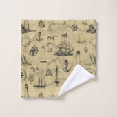 航海のヴィンテージ旧地図パターン沿岸デコール バスタオルセット (ウォッシュタオル)