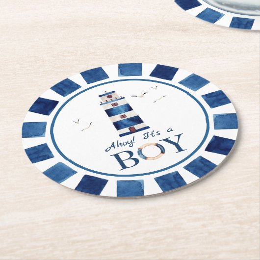 航海のー！男の子の灯台ベビーシャワー ラウンドペーパーコースター (アングル)