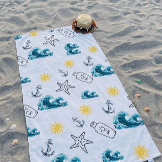 航海の太陽と波のシームレスな夏のパターン ビーチタオル