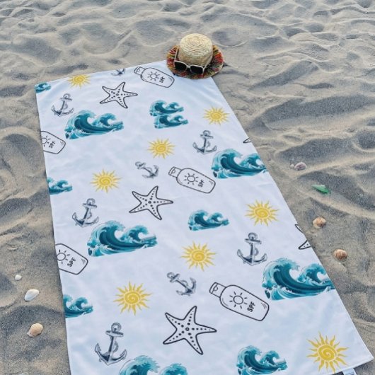 航海の太陽と波のシームレスな夏のパターン ビーチタオル