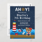 航海の女の子クマ 赤とネイビーの誕生日パーティー ポストカード (正面/裏面)