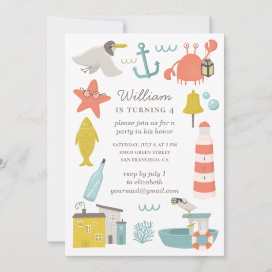 航海の子供の誕生日パーティー海の動物。ボーイ 招待状 (正面)
