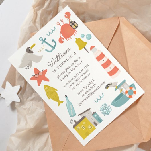航海の子供の誕生日パーティー海ビーチ動物 招待状