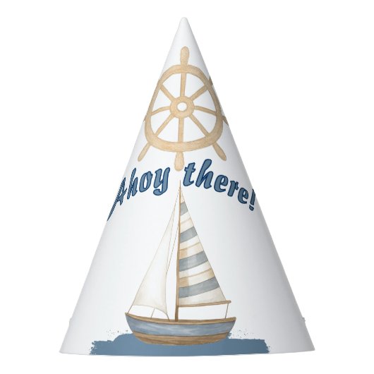 航海の子供の誕生日 | ネイビーブルー&ホワイトボート パーティーハット (正面)