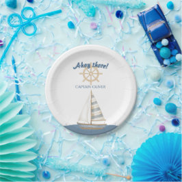 航海の子供の誕生日 | ネイビーブルー&ホワイトボート ペーパープレート