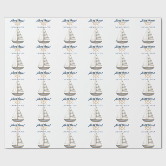 航海の子供の誕生日 | ネイビーブルー&ホワイトボート ラッピングペーパー (フラット)