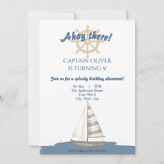 航海の子供の誕生日 | ネイビーブルー&ホワイトボート 招待状 (正面)