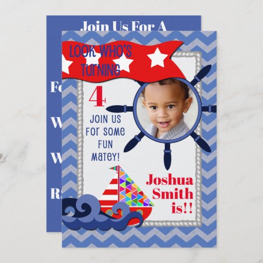 航海の子供の誕生日 招待状 (正面/裏面)