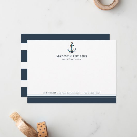 航海の実在ストライプパーソナライズされた不動産業者 ノートカード (正面/裏面インサイチュ)