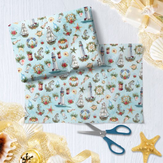 航海の帆船のクリスマスライトハウス 薄葉紙