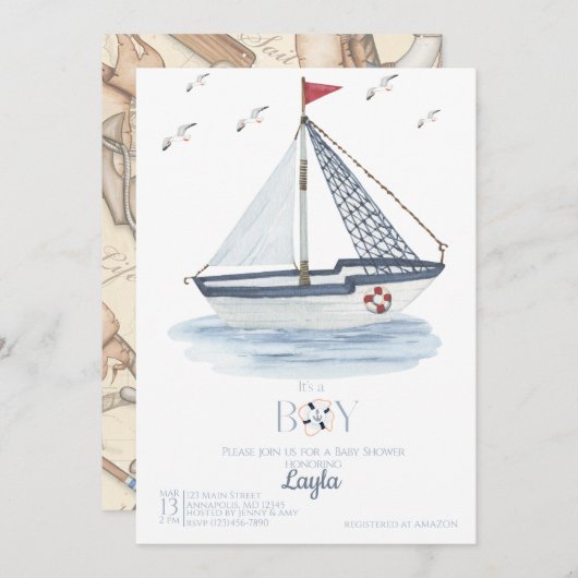 航海の帆船の水彩赤ちゃんシャワー 招待状 (正面/裏面)