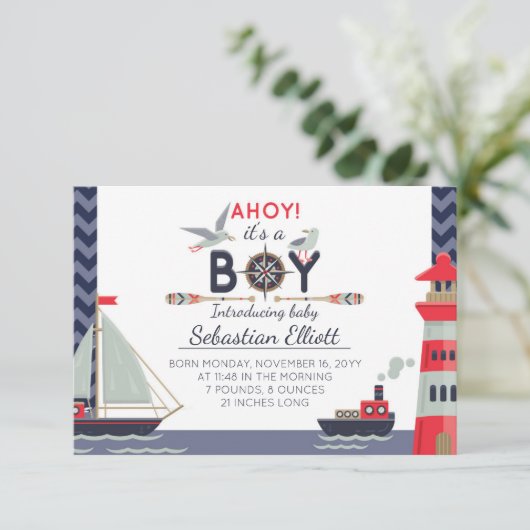 航海の帆船アホイ男の赤ちゃん誕生のお知らせ 案内状 (スタンド正面)