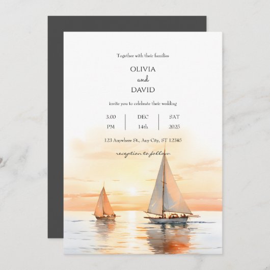 航海の帆船インスパイア海平結婚線 招待状 (正面/裏面)