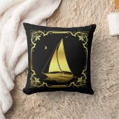 航海の帆船シルエット/金ゴールド/黒四角 クッション (ブランケット)