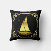 航海の帆船シルエット/金ゴールド/黒四角 クッション (裏面)