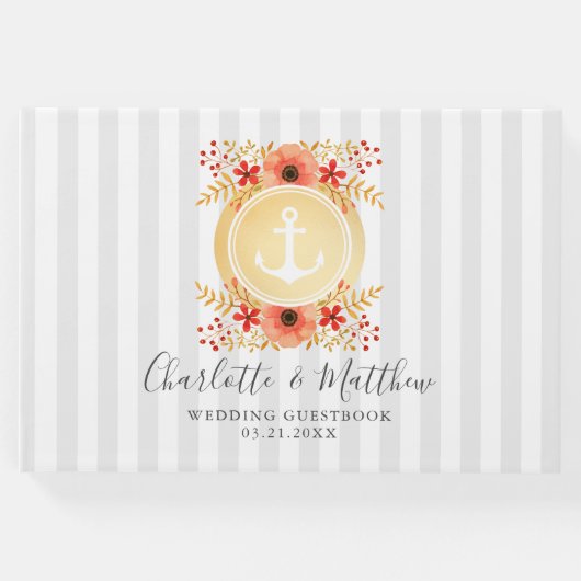 航海の水色フローラ金ゴールド結婚いかり ゲストブック (正面)