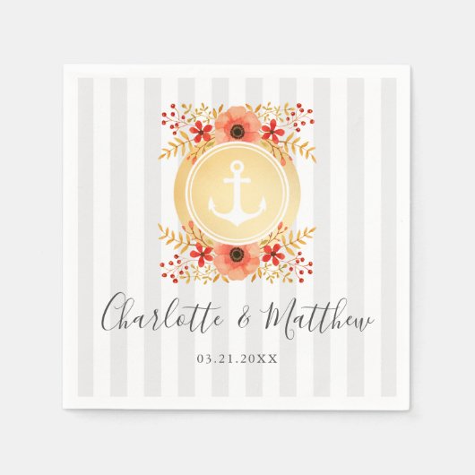 航海の水色フローラ金ゴールド結婚いかり スタンダードカクテルナプキン (正面)