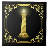 航海の海ライトハウスシルエット/金ゴールド/ブラック タイル (正面)