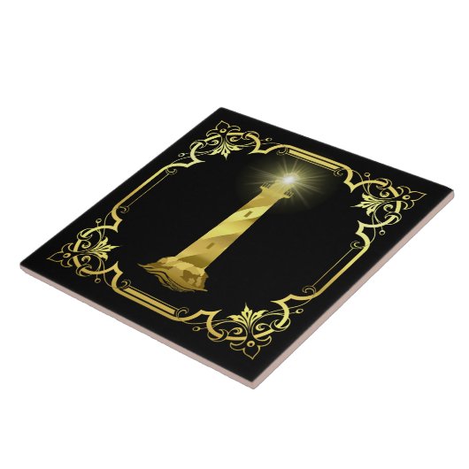 航海の海ライトハウスシルエット/金ゴールド/ブラック タイル (側面)