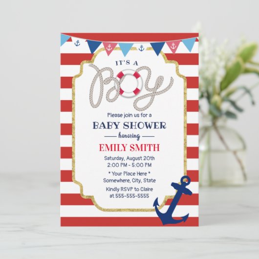 航海の男の赤ちゃんシャワーネイビーいかりレッドストライプ 招待状 (スタンド正面)